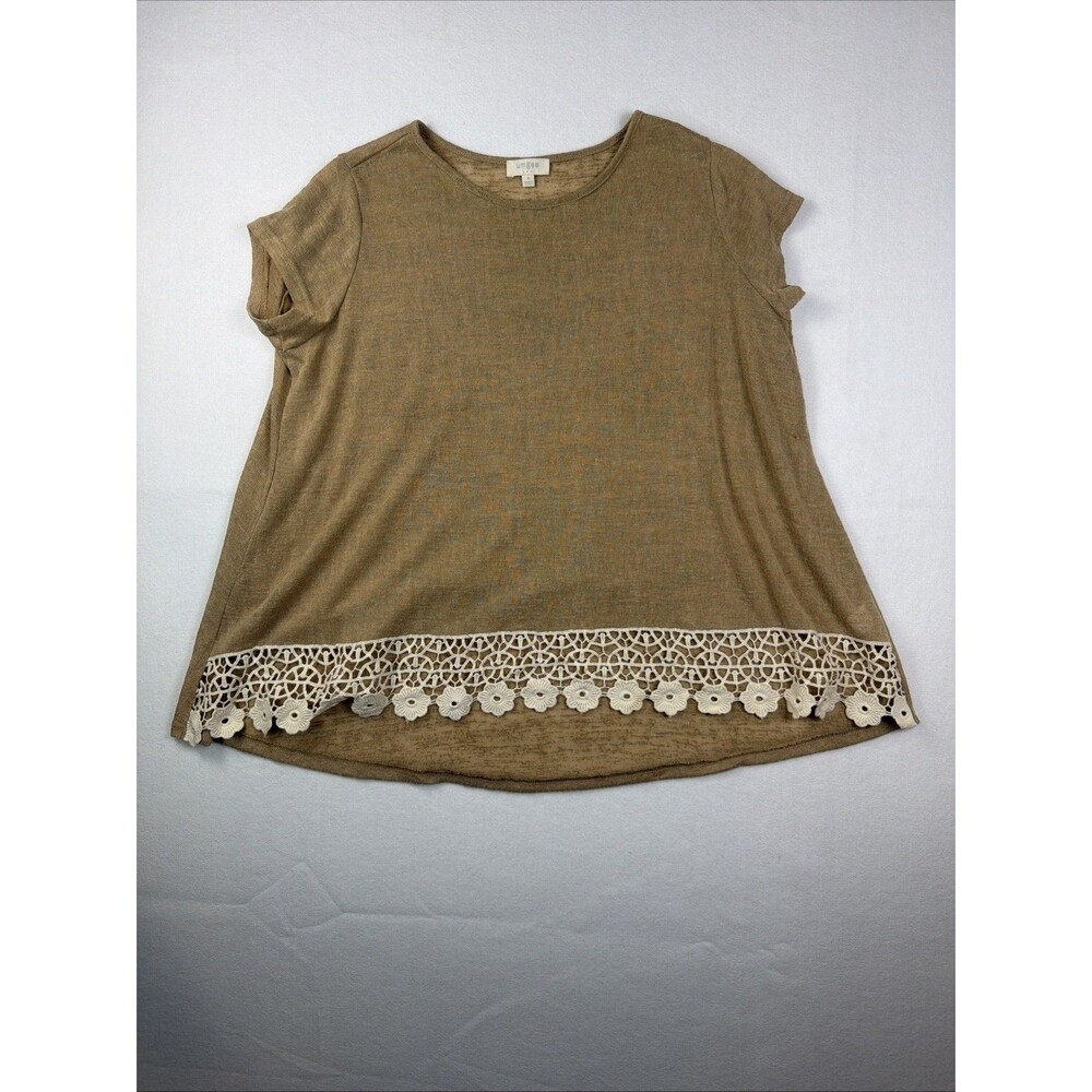 Umgee Womens Small S Tan Cream Knit  Short Sleeve Crochet Lace Hi Lo Top